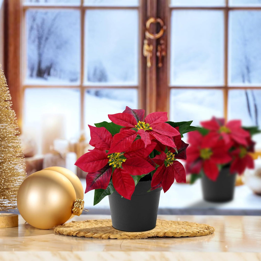 Poinsettias Artificial Christmas Flowers Tabletop Small Red Poinsettia Plant Artificial 9 Inch Faux Winter Flowers for Xmas Ornament Porch Home Garden Decorations(2 Pack)