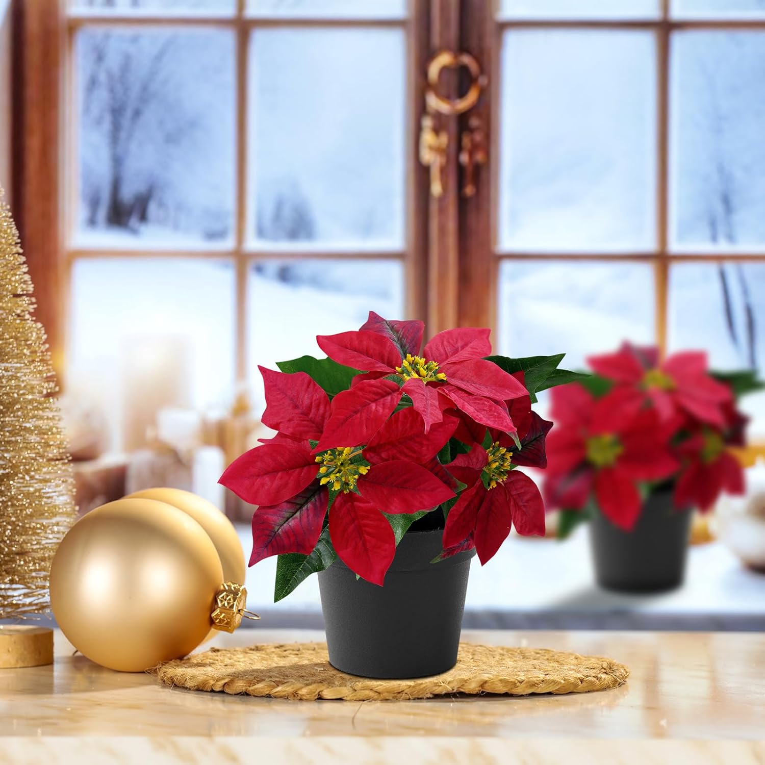 Poinsettias Artificial Christmas Flowers Tabletop Small Red Poinsettia Plant Artificial 9 Inch Faux Winter Flowers for Xmas Ornament Porch Home Garden Decorations(2 Pack)