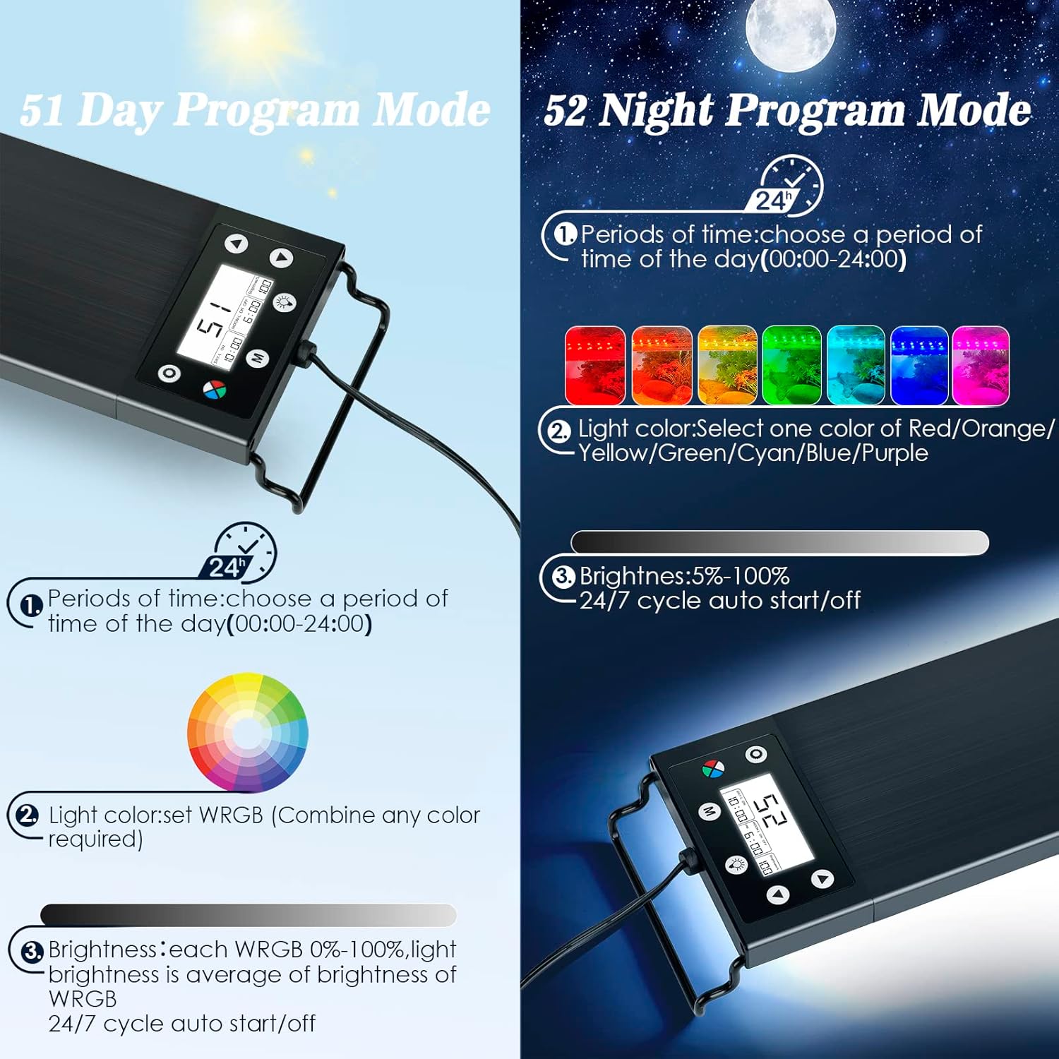 AQQA Aquarium Light,Multi-Function Fish Tank Led Light 24/7 DIY Auto On Off + Night Mode + Day Mode + Full Spectrum + 7 Colors,Adjustable Brightness Waterproof with Timer for Freshwater 24W
