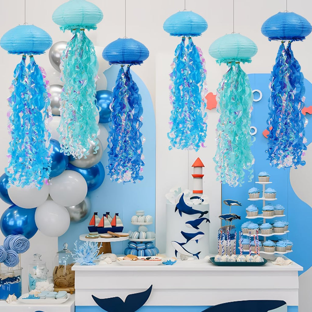 Mermaid Birthday Decorations, Jellyfish Paper Lanterns for Mermaid Party Under The Sea Baby Shower Ocean Blue Birthday Party Decorations Pack of 6 Blue