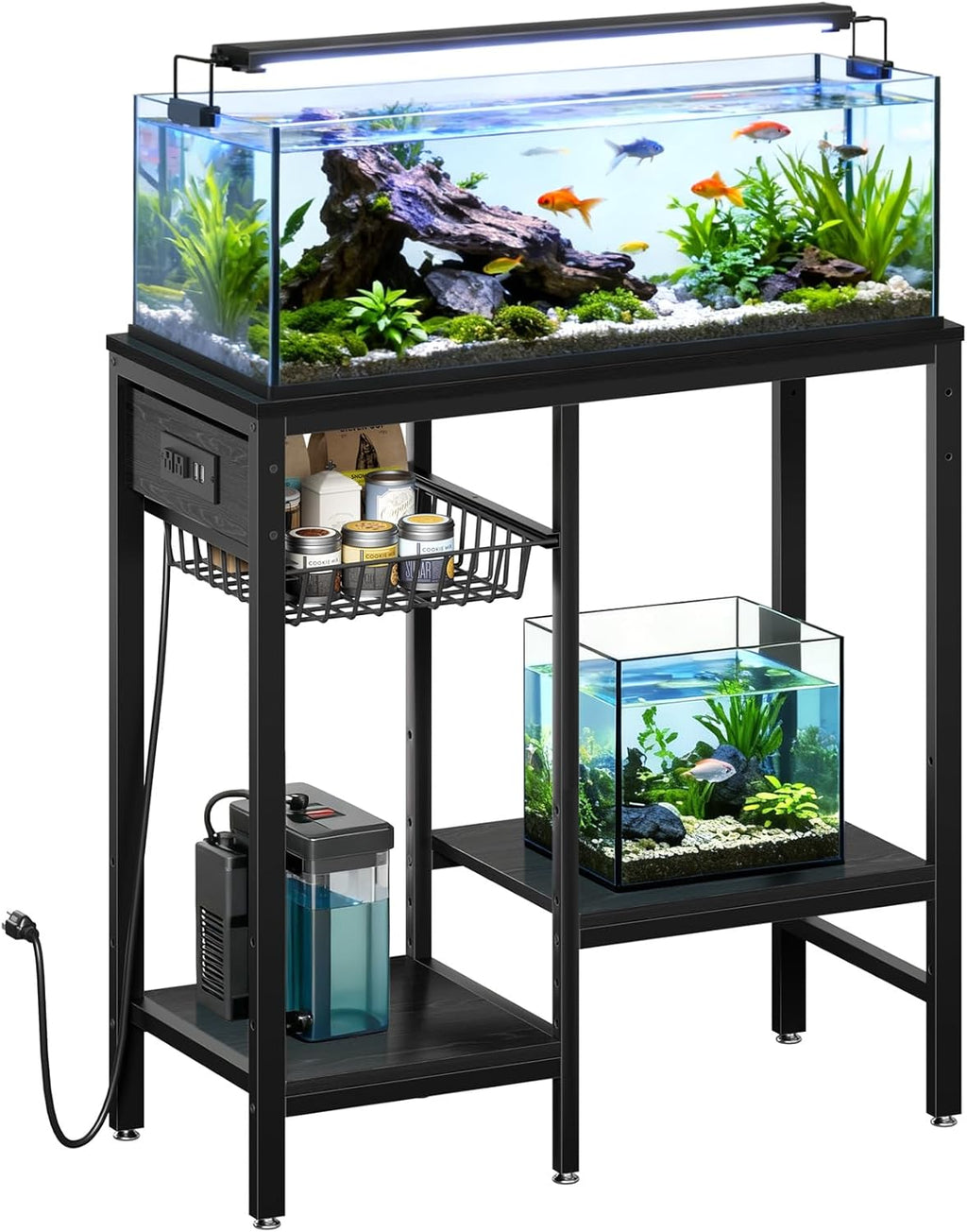 Livofloral 20 Gallon Fish Tank Stand with Power Outlet, Metal Aquarium Stand with Adjustable Shelves, Ample Storage for Filter and Fish Tanks Accessories, Reptile Tank Stands, 660 LBS, Black