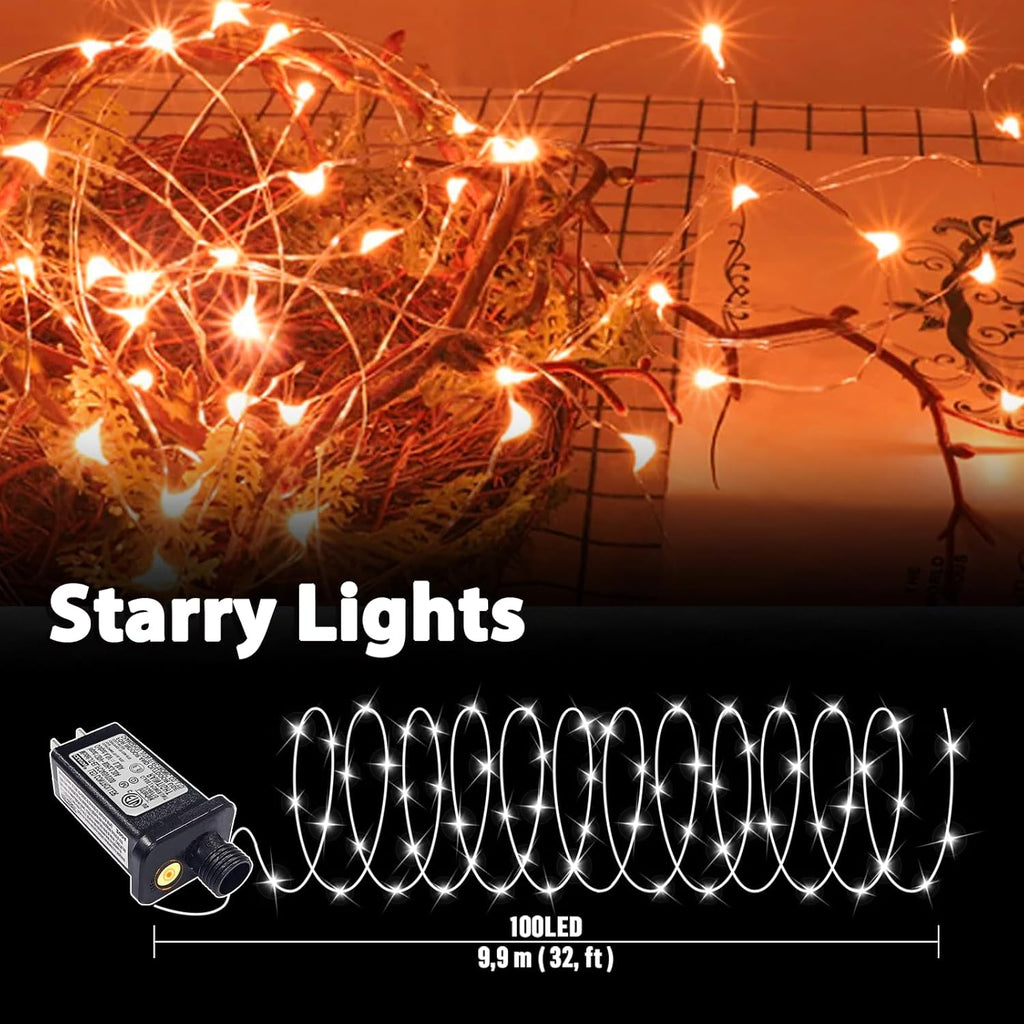 LAMPHOME Halloween Fairy Lights Plug in, 33Ft 100 LEDs Waterproof Twinkle Firefly Lights, Adaptor Included, Starry String Lights for Wedding Indoor Outdoor Christmas Patio Garden, Orange