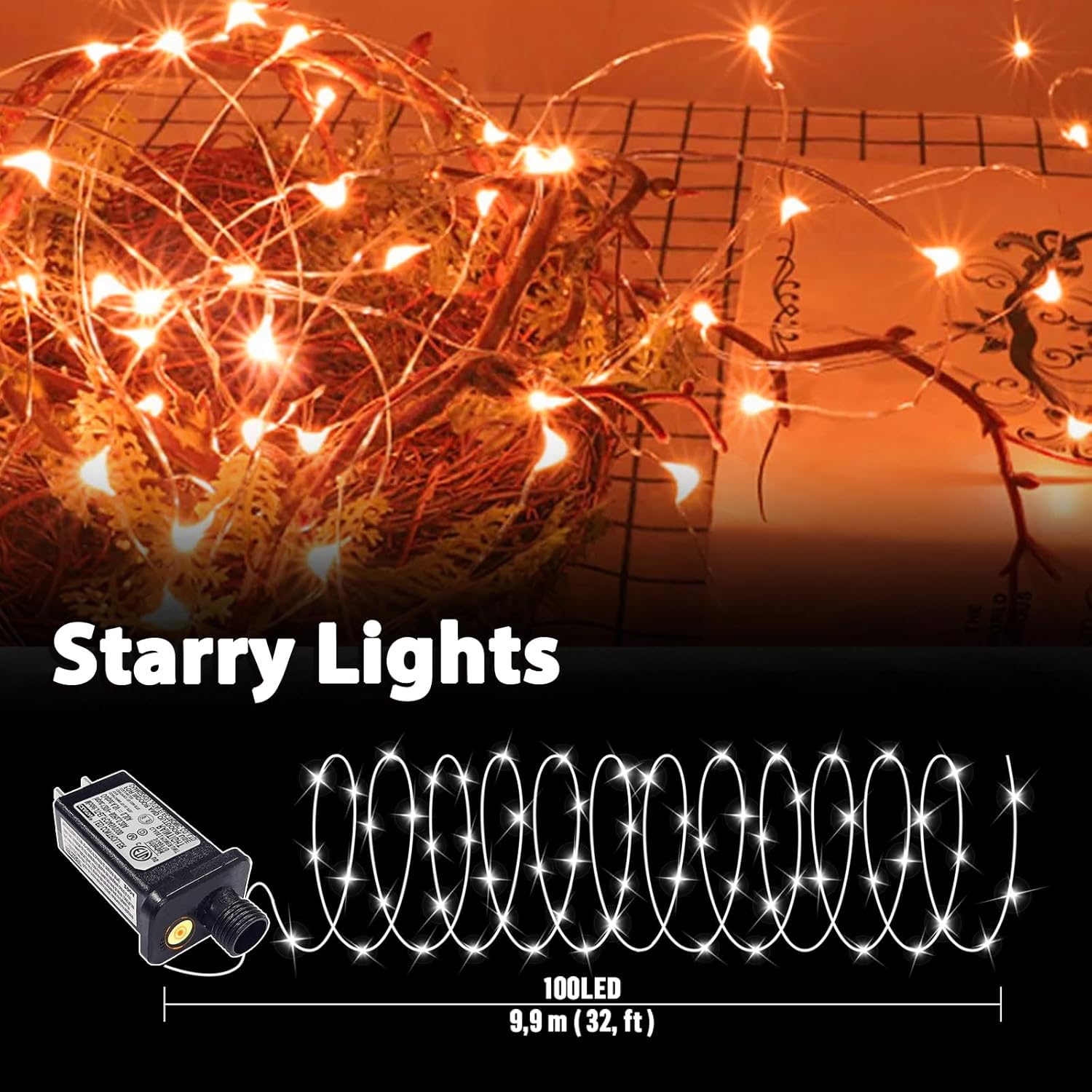LAMPHOME Halloween Fairy Lights Plug in, 33Ft 100 LEDs Waterproof Twinkle Firefly Lights, Adaptor Included, Starry String Lights for Wedding Indoor Outdoor Christmas Patio Garden, Orange