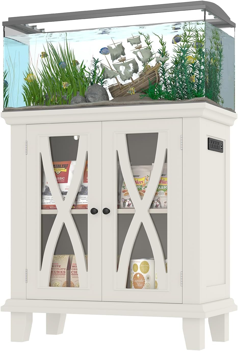 20 Gallon Fish Tank Stand with Cabinet Storage and Power Outlets (4 AC 2 USB), Farmhouse Aquarium Cabinet with Adjustable Shelves, MDF Frame, 298LBS Capacity, Beige