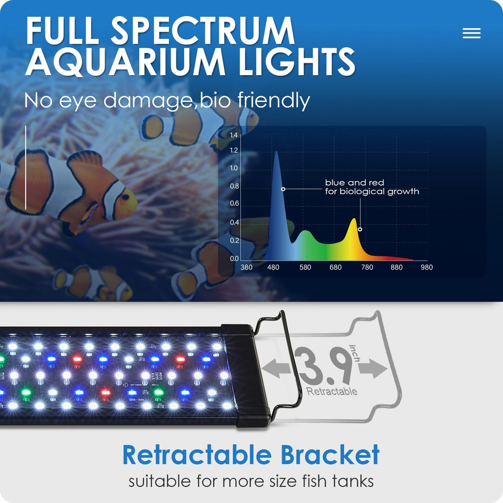 Aquarium Light, 18W 24/7 Natural Mode Aquarium Light, Sunrise/Daylight/Moonlight Mode and Custom Mode with Expandable Bracket, Adjustable Timer and 7 Color Brightness for 18~24IN Fish Tank
