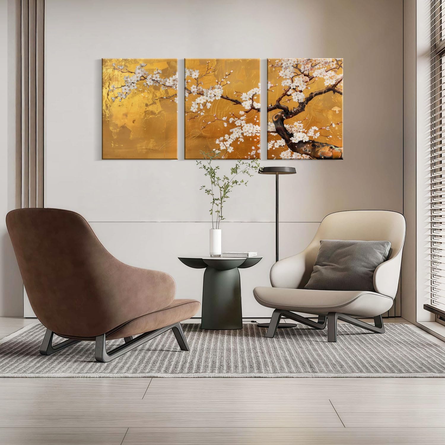 3 Pcs Framed Japanese Golden Plum Blossom Flower Wall Art Decor Canvas Print Picture Traditional Woodblock Print Style Farmhouse Poster Gallery Bedroom Living Room Office 12x16 Inch Ready to Hang