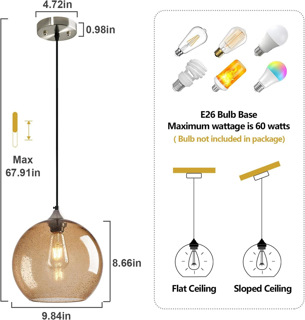 Light Brown Glass Pendant Lights Kitchen Island Globe Pendant Light Fixtures Modern Pendant Lighting for Bedroom Living Dining Room Light Fixture (9.84 in, 3 Pack)