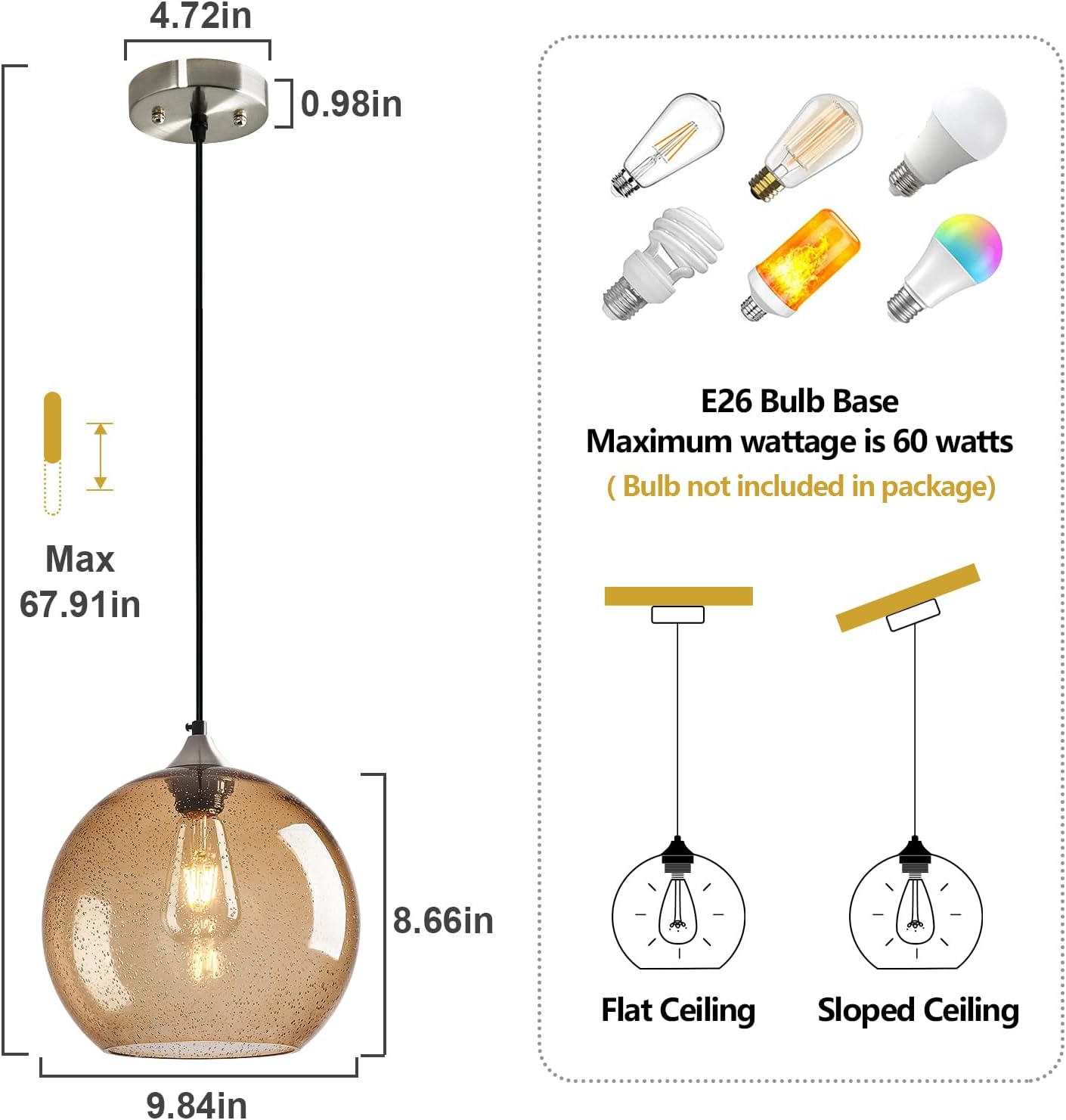 Light Brown Glass Pendant Lights Kitchen Island Globe Pendant Light Fixtures Modern Pendant Lighting for Bedroom Living Dining Room Light Fixture (9.84 in, 3 Pack)