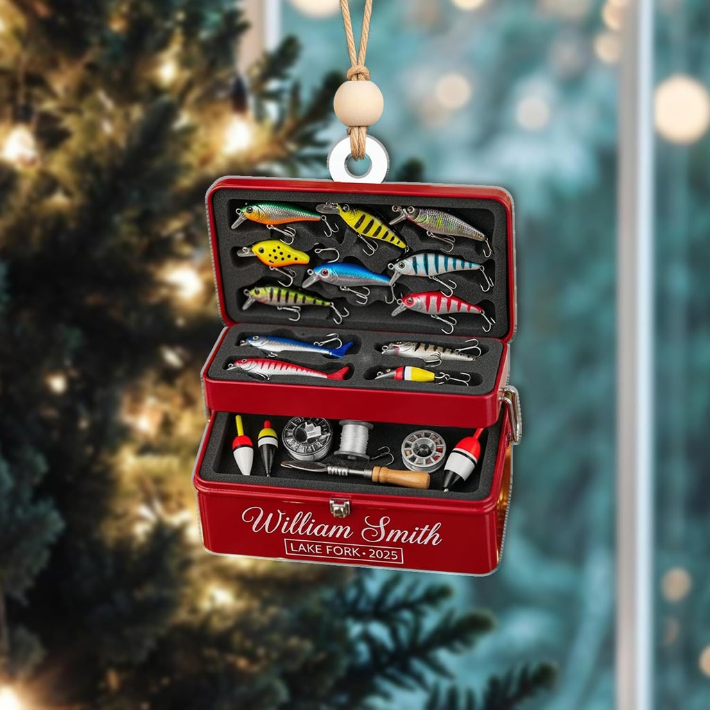 Personalized Fishing Tackle Box Ornament - Fisherman Lure Bait Ornaments Christmas Tree Decor - Outdoor Sportsman Hanging Xmas Decorations Gift for Anglers, Dads & Camping Lovers