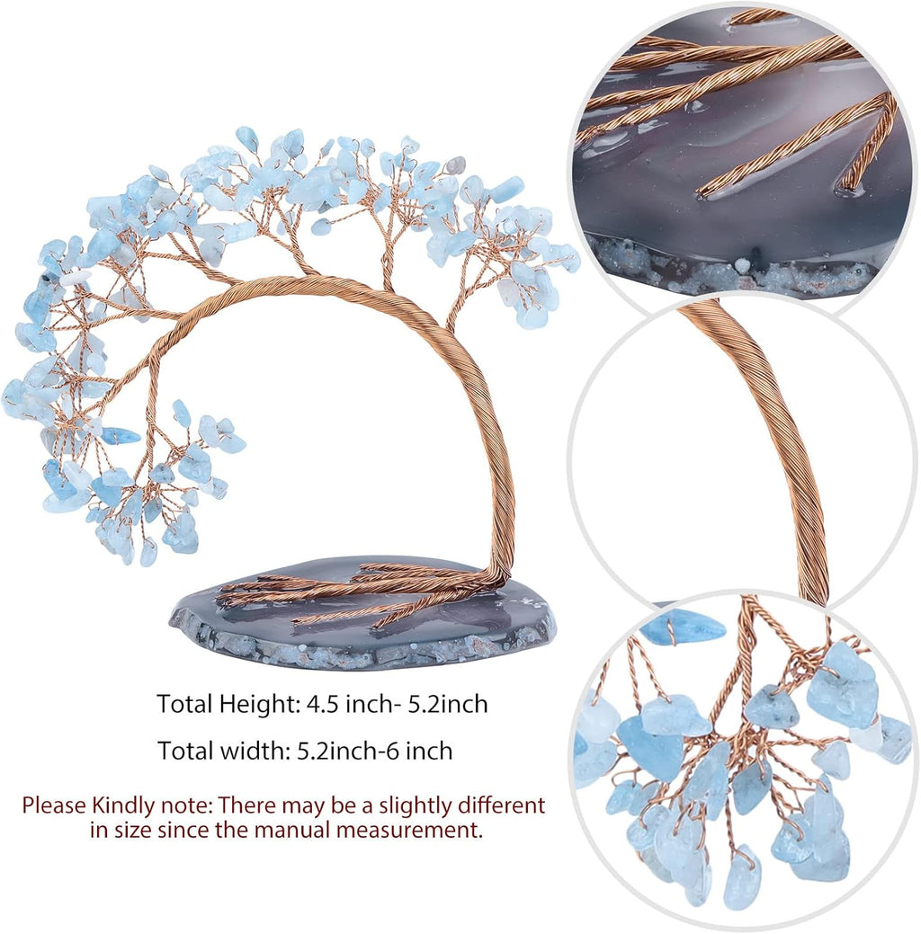 mookaitedecor Natural Aquamarine Crystal Money Tree Agate Slice Base Feng Shui Bonsai Crystal Tree for Wealth Luck Desk Decor, 4.5-5.2 Inch High
