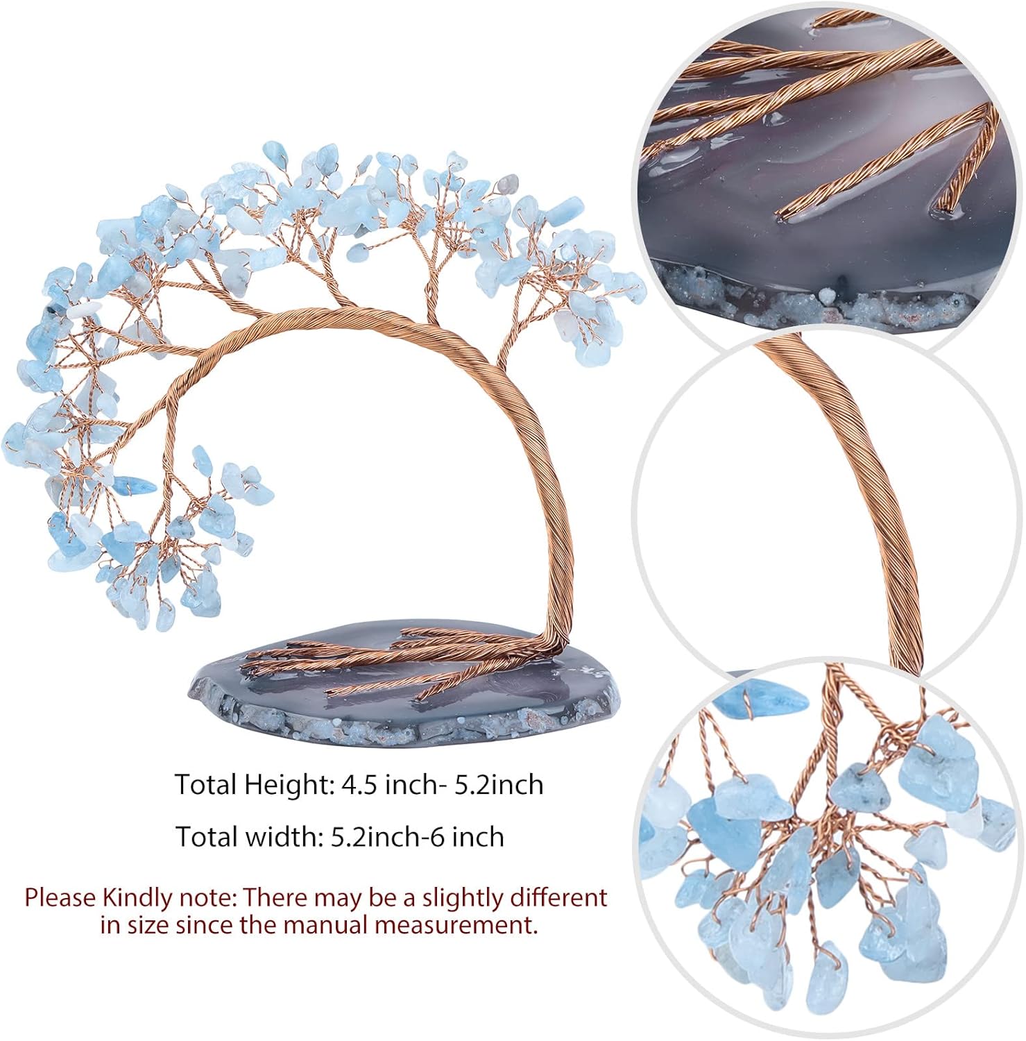 mookaitedecor Natural Aquamarine Crystal Money Tree Agate Slice Base Feng Shui Bonsai Crystal Tree for Wealth Luck Desk Decor, 4.5-5.2 Inch High