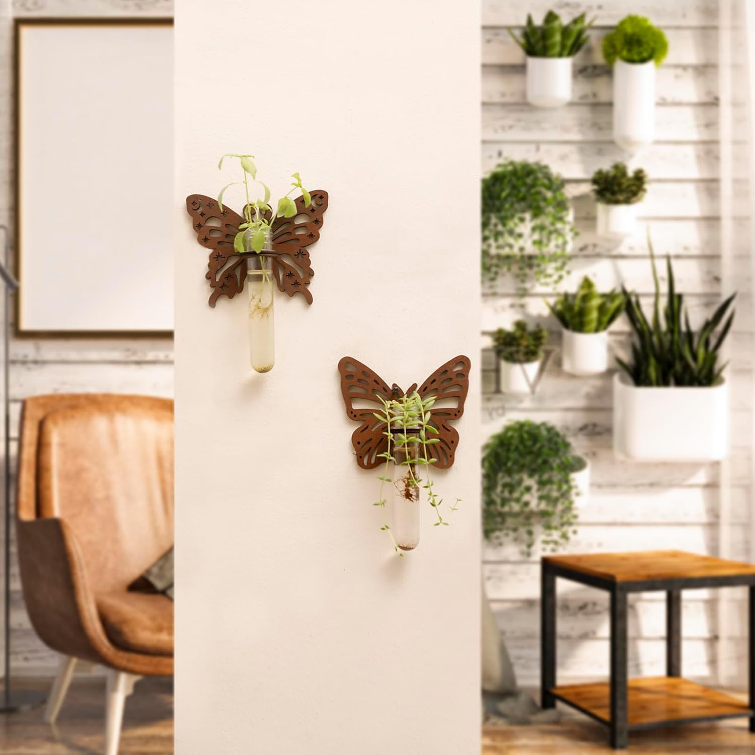 Artilady 2 Pack Plant Propagation Station Butterfly Wall Hanging Wood Plant Terrarium for Hydroponics Home Office Decor Test Tube Propagate Air Cutting Holder