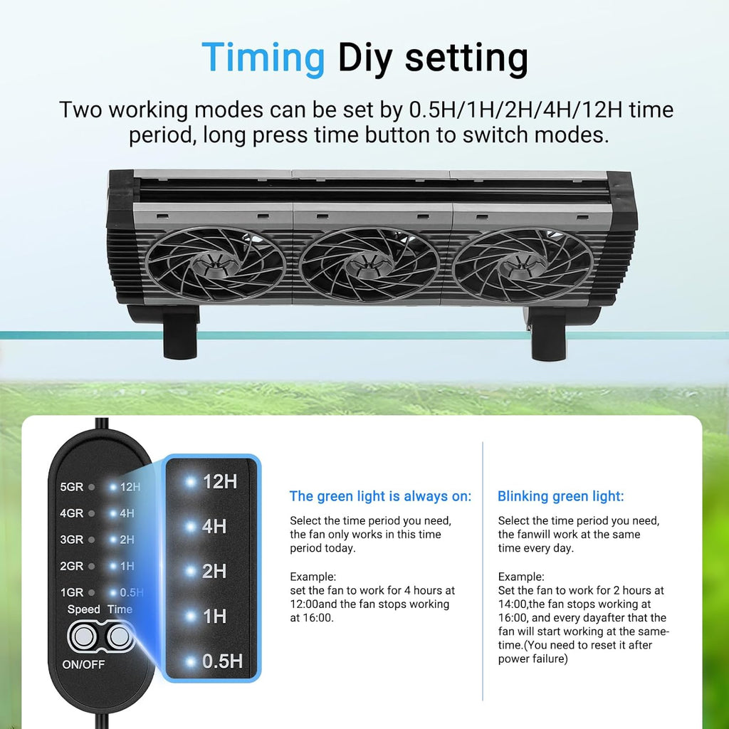fishkeeper Aquarium Chiller Fan - 3600 r/m Powerful Wind Quiet Fish Tank Cooling Fan, 5 Speeds, 3 Timer Modes, 180° Wide Angle Adjustable Aquarium Cooler Chiller with Smart Controller (12W, 3 Heads)