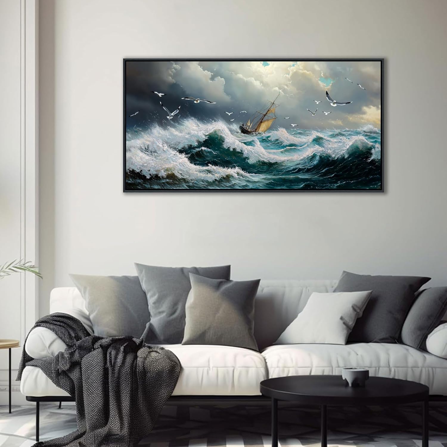 YDYSUNE Ocean Wall Art - Retro White Canvas painting Sailboat Wall Decor Textured Picture Artwork Nautical Adventurer Painting Coastal Art Framed for Living Room Bedroom Home 20x40inch