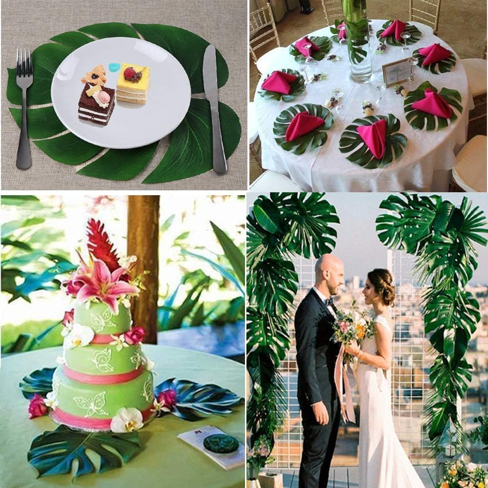 80PCS Artificial Tropical Palm Leaves Plant Imitation Leaf Fake Monstera Leaves Hawaiian Luau Jungle Safari Birthday WeddingTheme Party Table Wall Decorations,Bonus 4 Sheets/80pcs Dot Glues