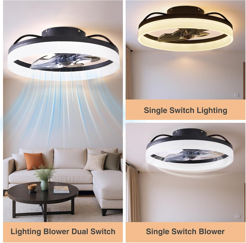 LED Ceiling Fan, 20" Low Profile Ceiling Fan with Lights and Remote, 6 Speeds, Dimmable 3000K–6500K LED, App & Remote Control, for Bedroom/Kitchen/Living Room, Black