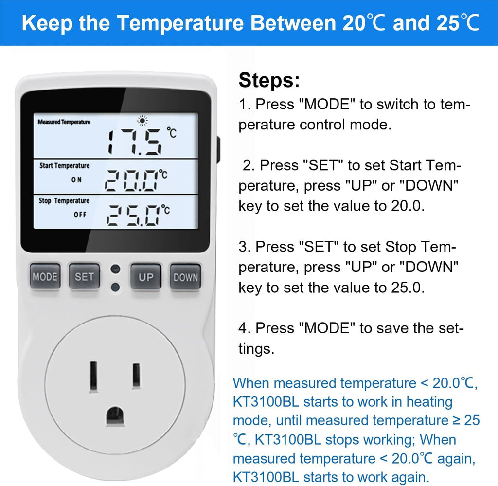 KETOTEK Digital Temperature Controller Thermostat Outlet Plug 120V with LCD Backlight, Heating Cooling Temperature Controlled Outlet 110V 15A with 3m Sensor
