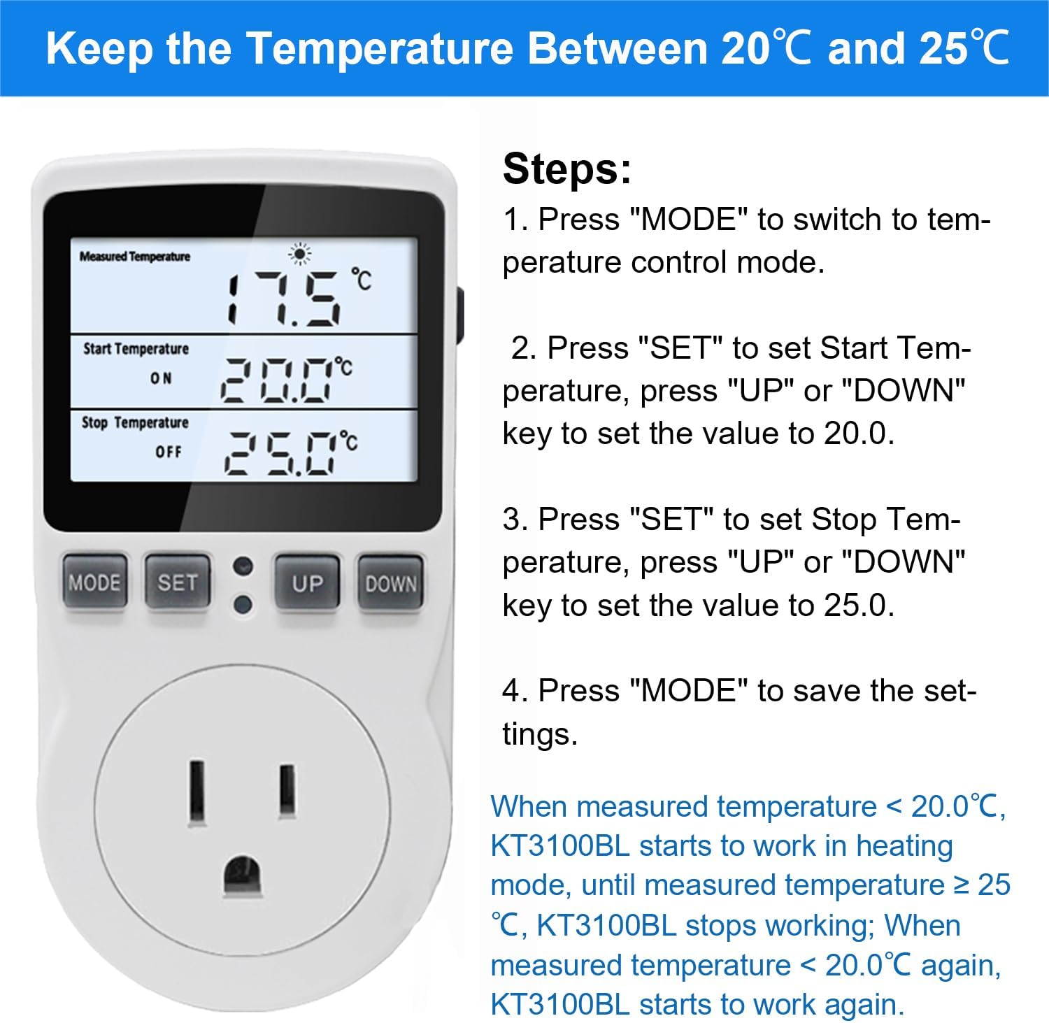 KETOTEK Digital Temperature Controller Thermostat Outlet Plug 120V with LCD Backlight, Heating Cooling Temperature Controlled Outlet 110V 15A with 3m Sensor