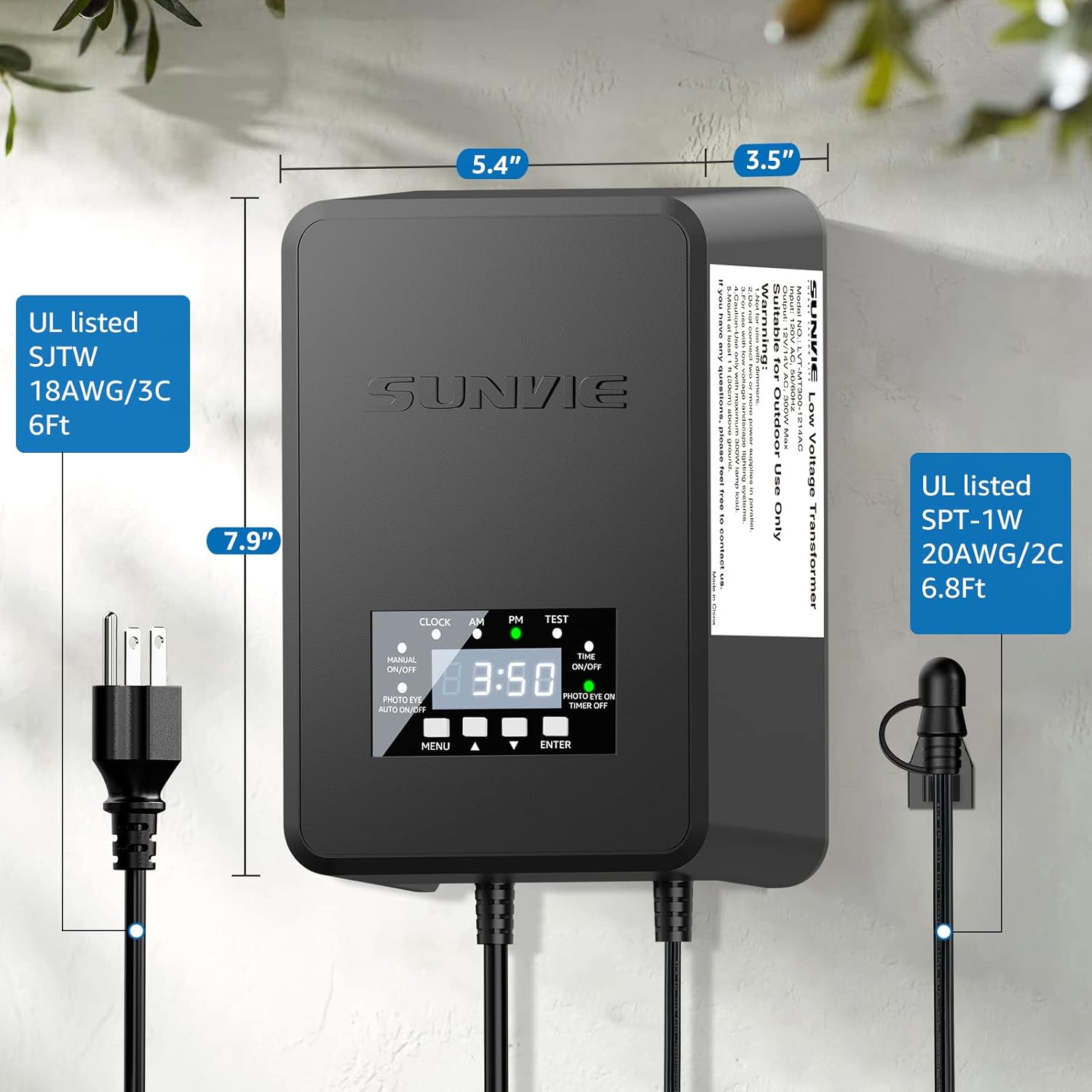 SUNVIE 300W Low Voltage Transformer with Timer and Photocell Sensor Landscape Lighting Transformer Waterproof 120V to 12V/14V AC Outdoor Low Voltage Transformers for Landscape Pathway Lights Spotlight
