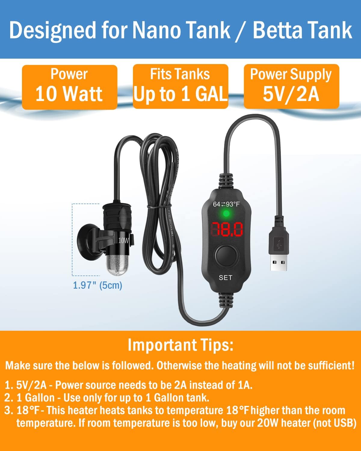 AquaMiracle Adjustable 10W Betta Heater Small Aquarium Heater Submersible Fish Tank Heater 5V/2A USB Powered Super Mini Aquarium Heater with Digital Display Thermostat, for up to 1 Gallon Tanks