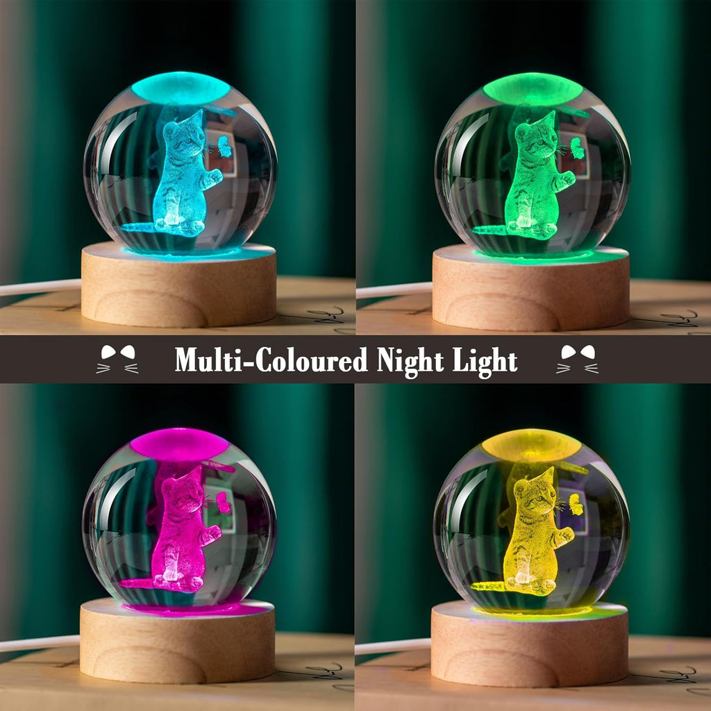 IFOLAINA 3D Cat Crystal Ball Gifts Ideas for Girlfriend Wife Mom Couple Her Cat Lovers Presents for Women Birthday Decorative Crystal Sphere Decor Lamp
