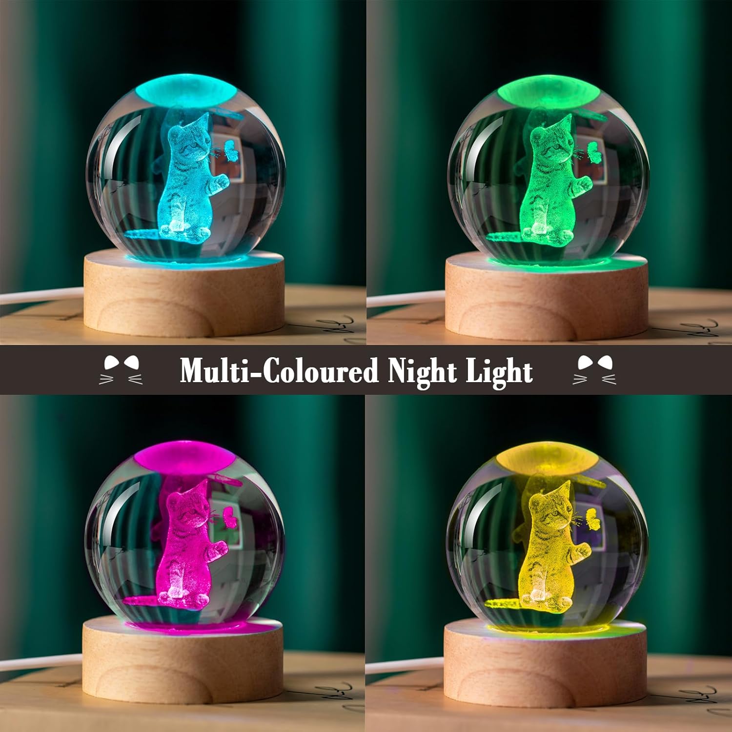 IFOLAINA 3D Cat Crystal Ball Gifts Ideas for Girlfriend Wife Mom Couple Her Cat Lovers Presents for Women Birthday Decorative Crystal Sphere Decor Lamp