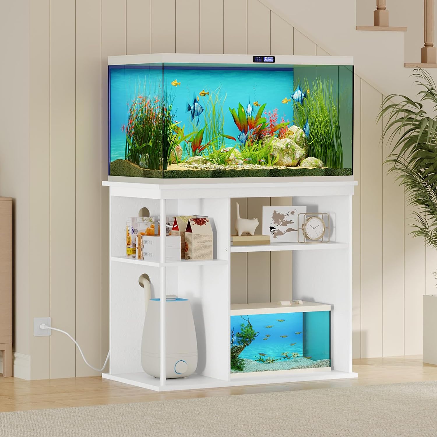 40-50 Gallon Fish Tank Stand with Power Outlet, Wooden Aquarium Stand with Filter Storage, Heavy-Duty Reptile Tank Stand with 3-Tier Storage Shelves, 36.2" L x 19.7" W x 31.7" H, White