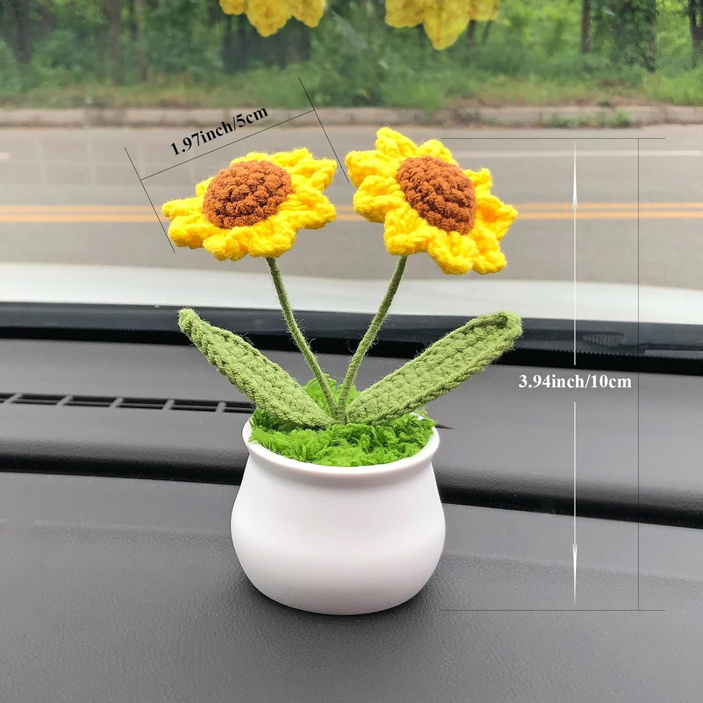 Crochet Flowers Cute Little Potted Flower, Gift for Birthday, Teacher’s Day, Graduation, Anniversary, Christmas, Decor for Car Dashboard,Home Office Decoration (Sunflower)