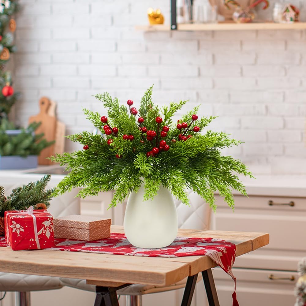 45 Pcs Christmas Artificial Pine Branches with Red Berry Stems 13" Faux Evergreen Norfolk Pine Cypress Leaves Stems Fake Foliage Pine Needles Picks for DIY Craft Garland Indoor Home Decor