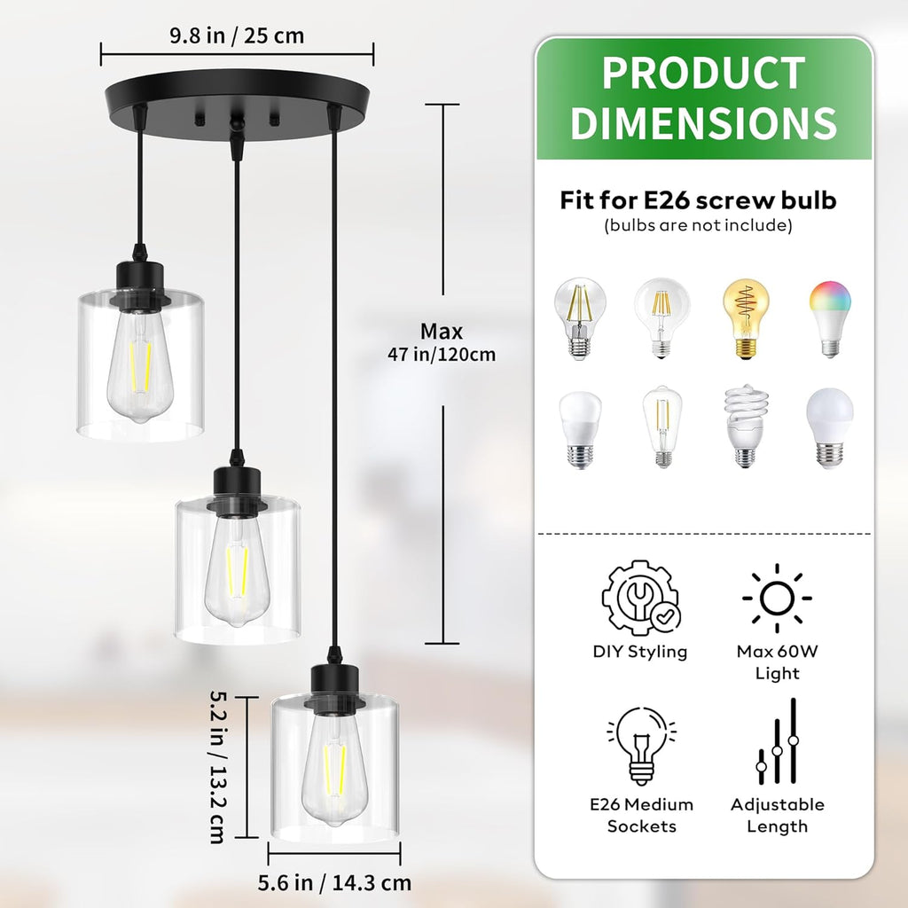 3-Light Pendant Lighting for Kitchen Island, Dining Room, Hallway, Foyer, Entryway, Matte Black Ceiling Light Fixture with Clear Glass and Upgraded 4.7" Shades