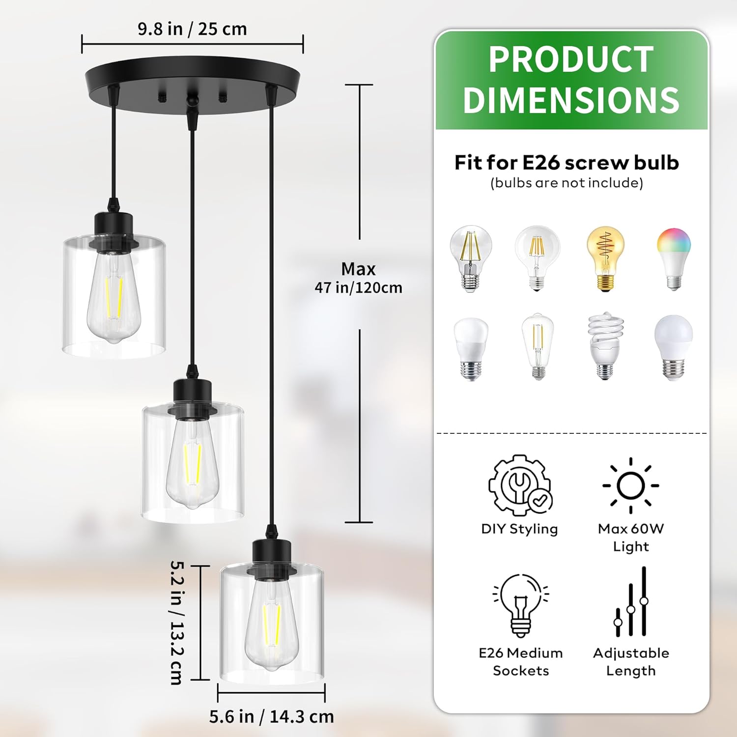 3-Light Pendant Lighting for Kitchen Island, Dining Room, Hallway, Foyer, Entryway, Matte Black Ceiling Light Fixture with Clear Glass and Upgraded 4.7" Shades