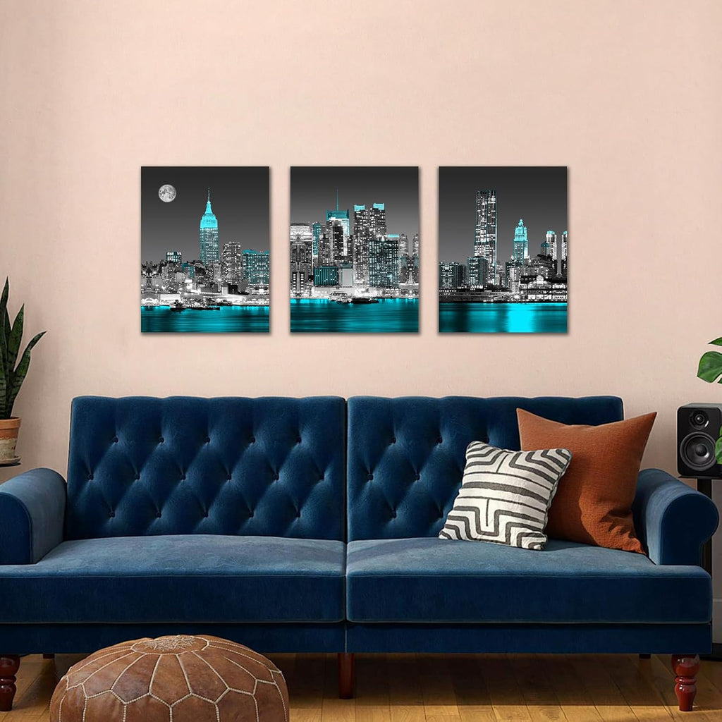 The Mode Art 3 Panels City Night View Picture Canvas Print blue Cityscape Poster Photo Painting Modern Wall Artwork for Home Office Living Room Bedroom Decor Gallery Wrap 12x16inch