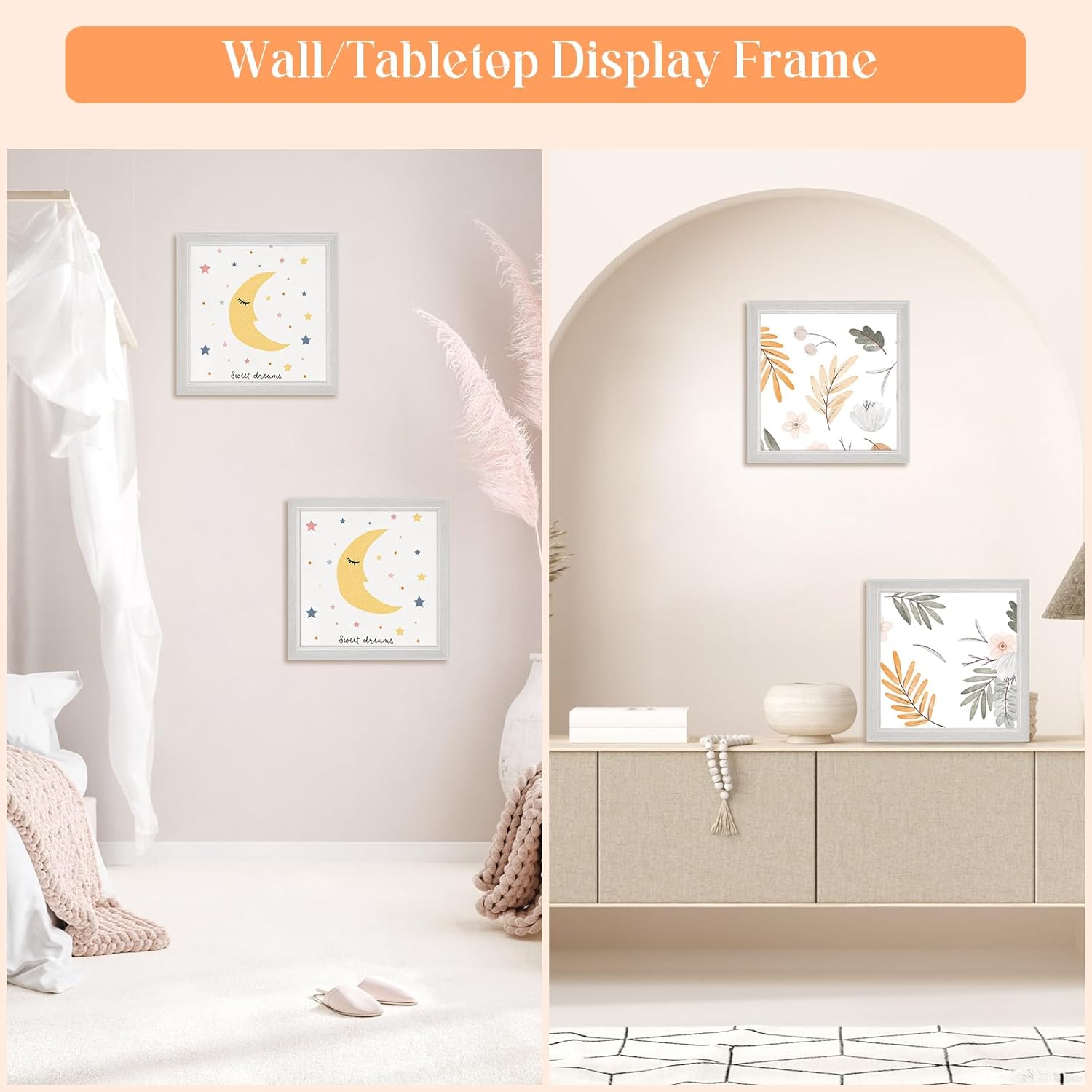 8x8 Wood Frame White, Natural Woodgrain 8x8in Picture Frame, Rustic Wooden 8 x 8 inch Gallery Photo Poster Frame with HD Plexiglass, Horizontal Vertical Wall Mounting Tabletop Display 1Pcs