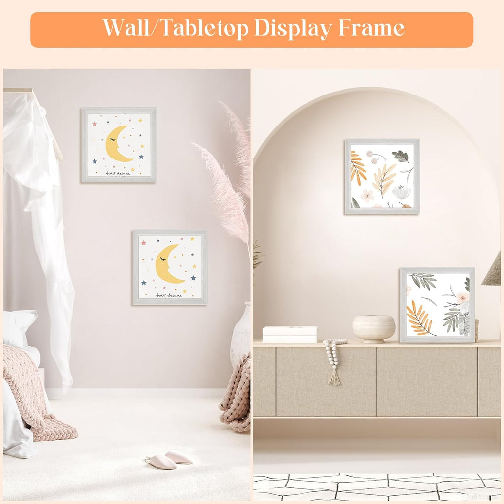 10x10 Wood Frame White, Natural Woodgrain 10x10in Picture Frame, Rustic Wooden 10 x 10 inch Gallery Photo Poster Frame with HD Plexiglass, Horizontal Vertical Wall Mounting Tabletop Display 1Pcs