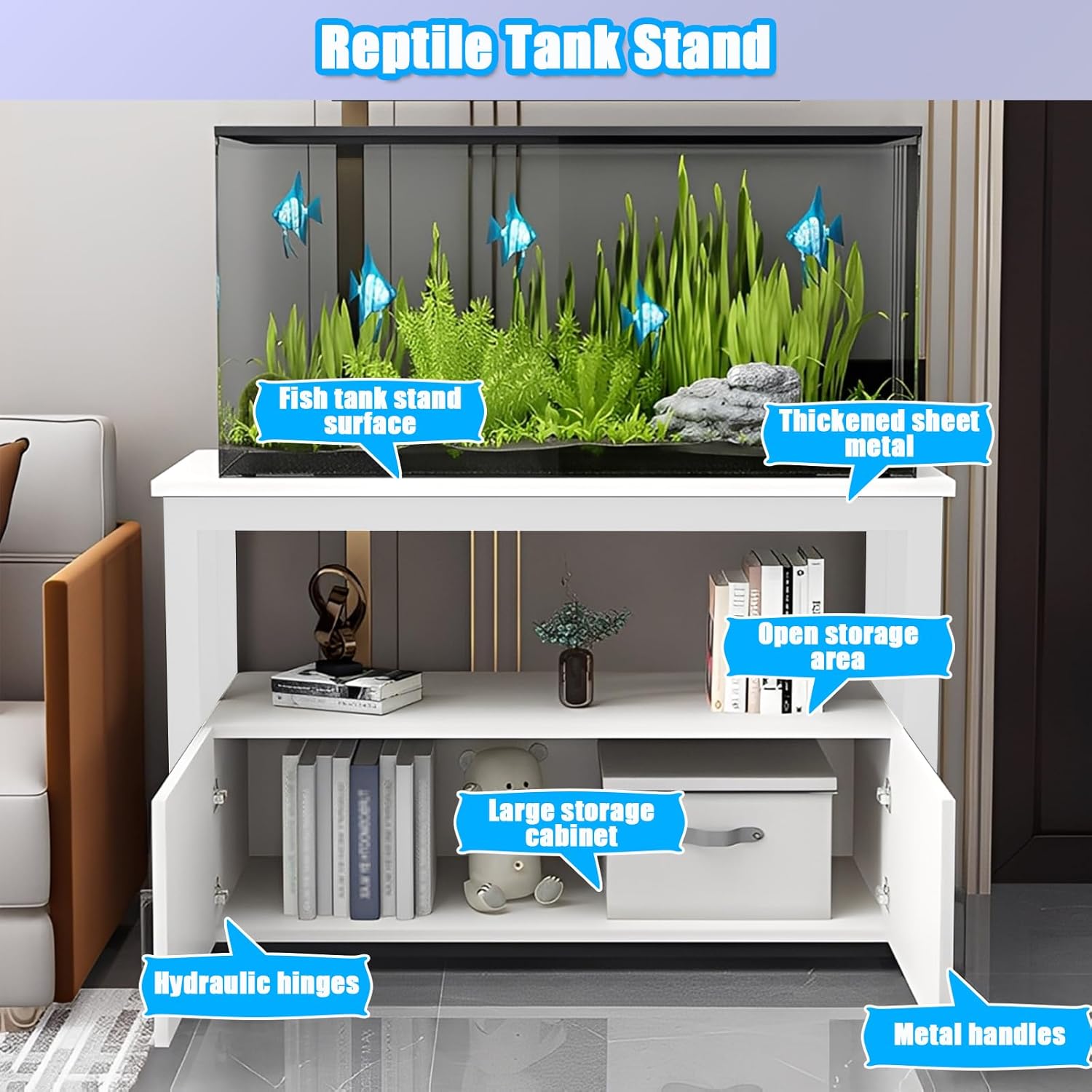 5-75 Gallon Aquarium Stands, 3 Tier Metal Frame Fish Tank Stand with Cabinet Storage, Reptile Tank Stand for Home Living Room Bedroom Office, 2200LBS Capacity (white+white, L19.7″*W11.8″*H23.6″)