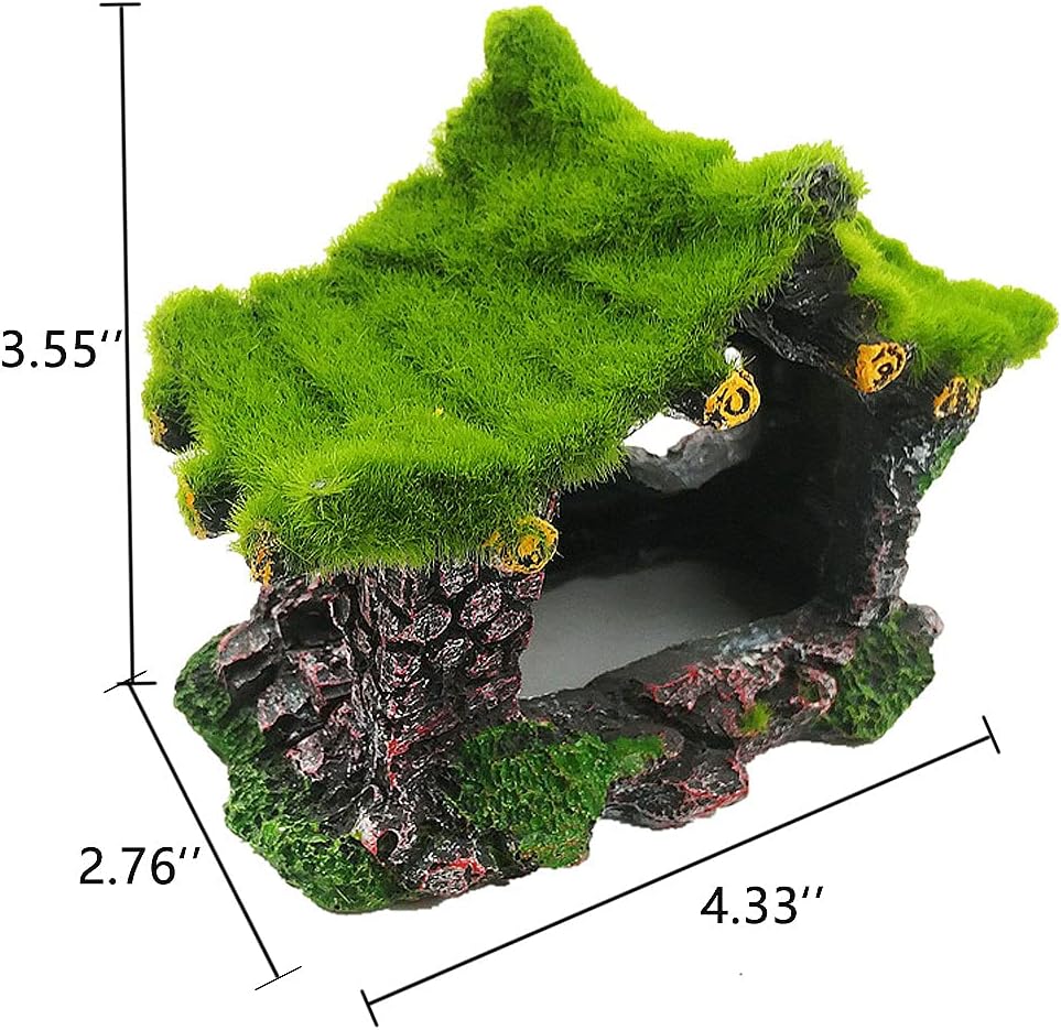 IBWell Aquarium Decoration House Resin Hollow Hideout House, Fish Tank Accessories Cave Ornament Tank Small Fish Hideaway with Moss