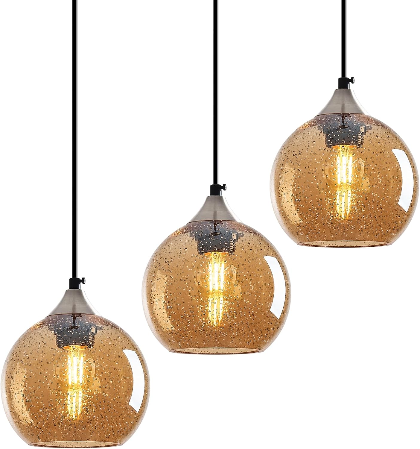 Amber Glass Pendant Lights Kitchen Island Globe Pendant Light Fixtures Modern Pendant Lighting for Bedroom Living Dining Room Light Fixture (5.9 in, 3 Pack)