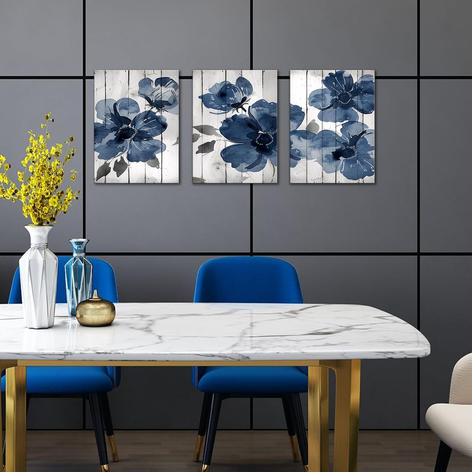 The Mode Art Canvas Wall Art Navy Blue Wildflower Watercolor Boho Botanical Floral 3Pcs Flower Wall Decor Pictures Modern Posters for Bedroom Living Room Home Decoration 12x16in