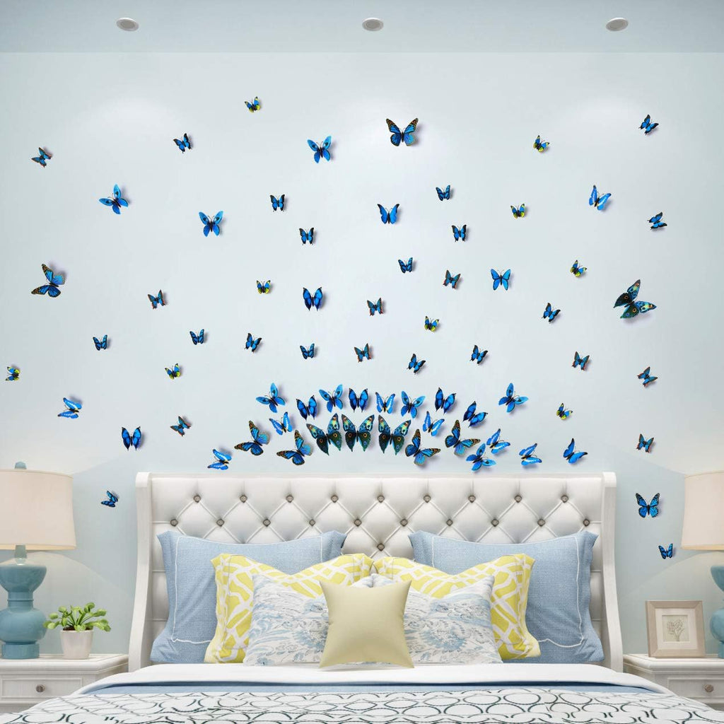 LiveGallery 72 PCS Removable 3D DIY Beautiful Butterfly Wall Decals Blue Butterflies Art Decor Wall Stickers Murals for Kids Baby Boy Girls Bedroom Classroom Offices
