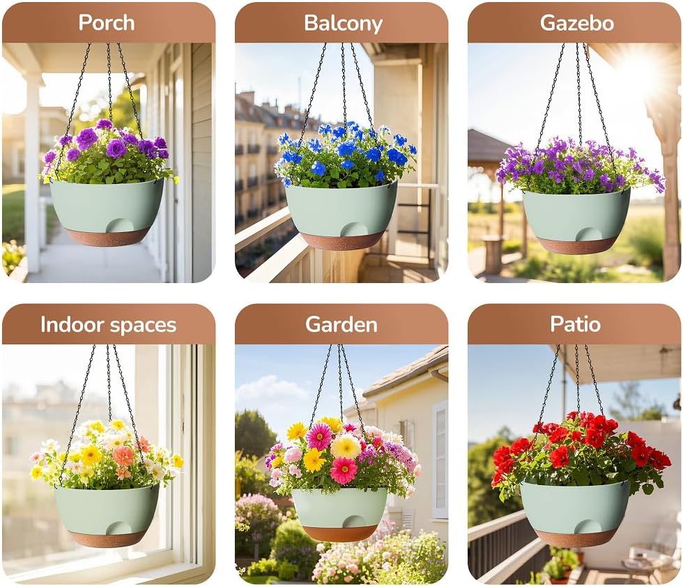 Hanging Planter for Indoor Plants, 10 Inch Self-Watering Hanging Planters with Drainage Holes and Chain, Set of 2 Outdoor Hanging Pots for Garden Home