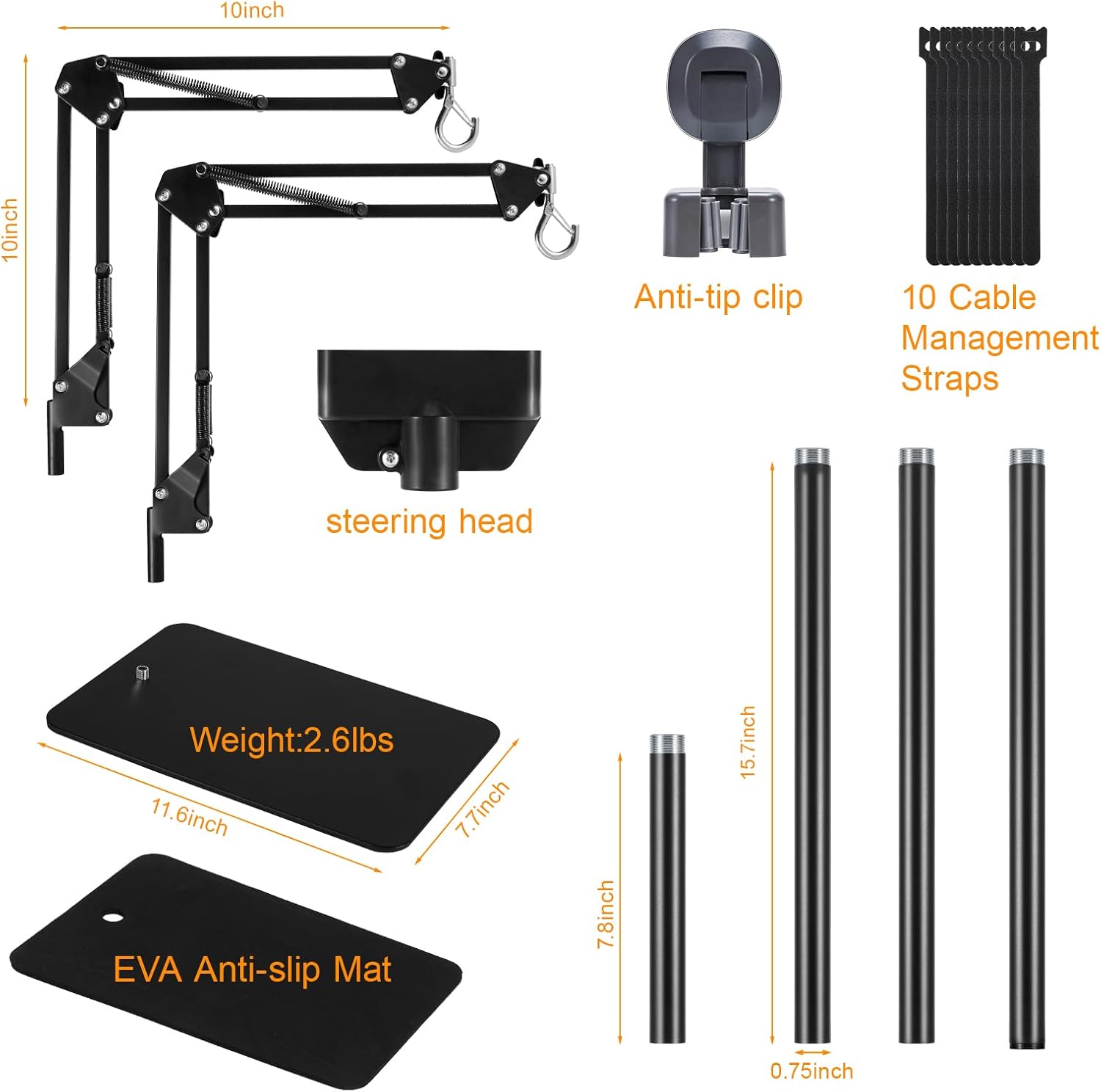Dual Reptile Heat Lamp Stand, Adjustable Reptile Light Stand (15.7-74.3inch) with 360° Swing Arm and Anti-tip Clip, Lamp Holder for Terrarium, Amphibians Cage and Plants