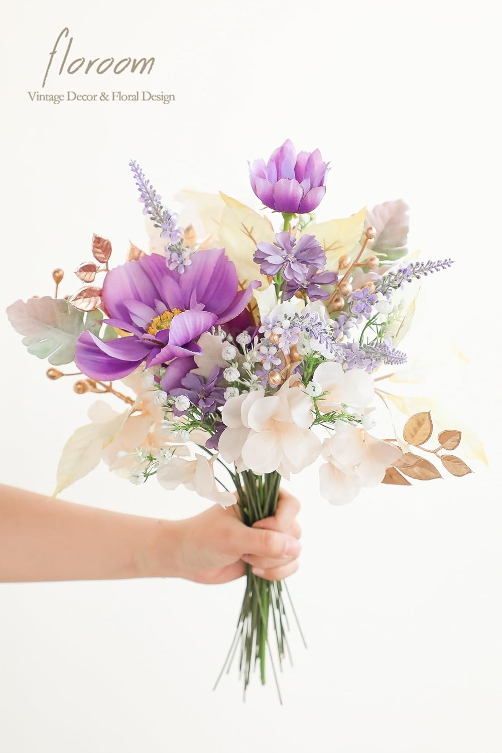 Floroom Artificial Greenery Stems Box Set, 45pcs with 9 Kinds of Faux Greenery Flowers Picks for DIY Bridal Bouquets Wedding Floral Arrangement Table Centerpieces, Lavender & Gold