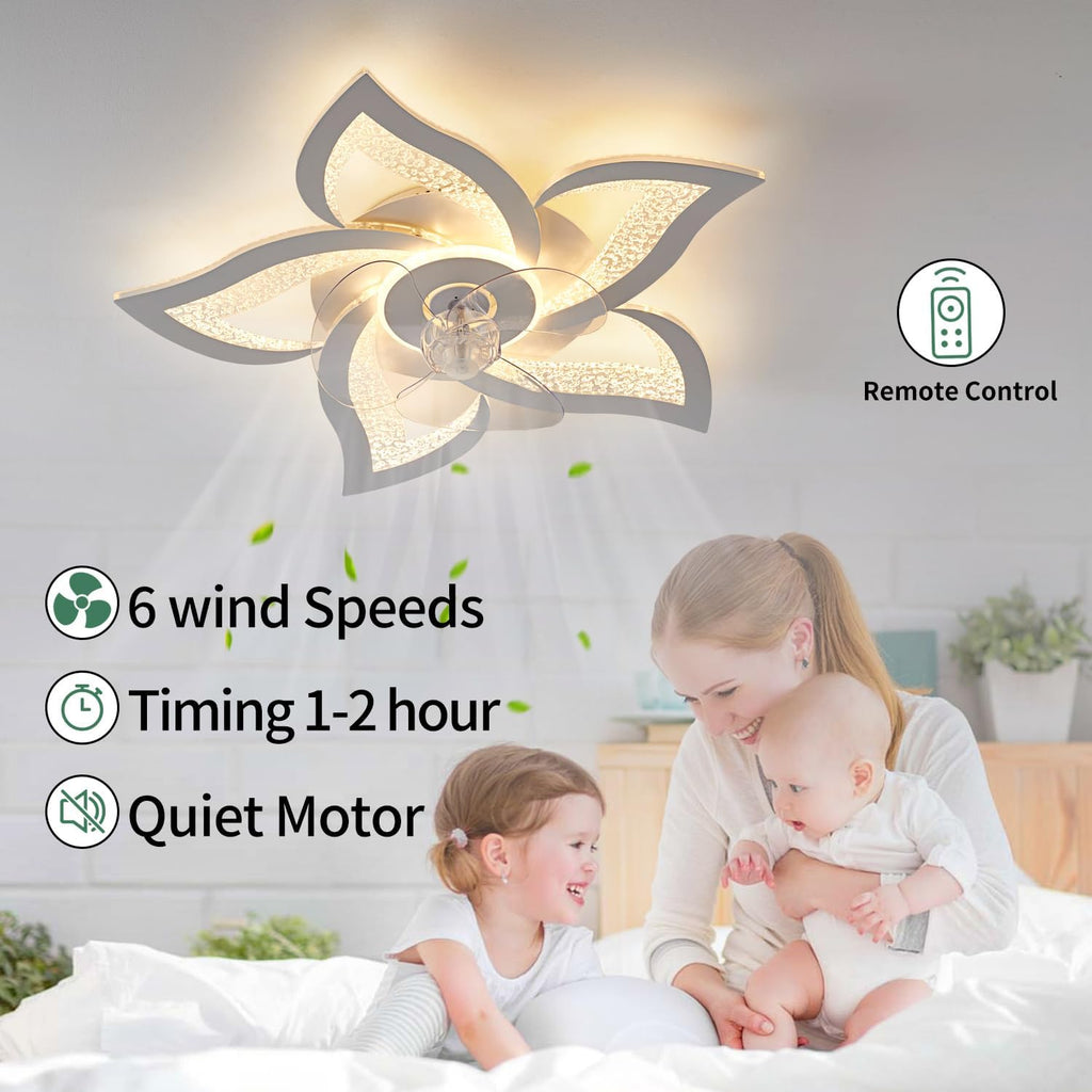 Ceiling Fan with Lights Remote Control, White Personalized Ceiling Fan with Light, 6 Speeds 3 Light Color Flush Mount Ceiling Fan for Kitchen Bedroom