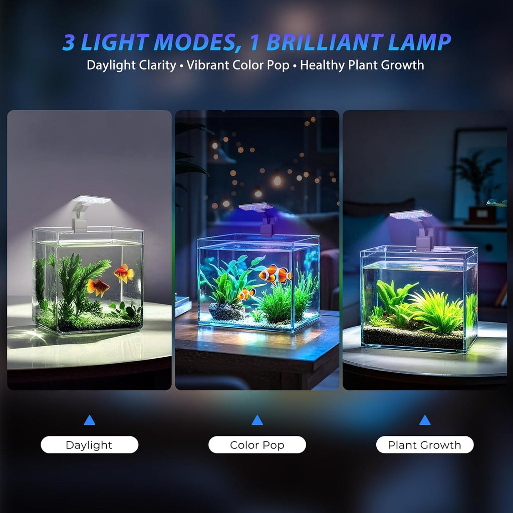 Mini Clip-On Aquarium Light 7W USB Dimmable Fish Tank Lamp with 3 Light Modes (Full Spectrum/White/RGB), 9-Level Brightness, Compact LED Light for 1–3 Gallon Aquariums (Adapter Not Included)