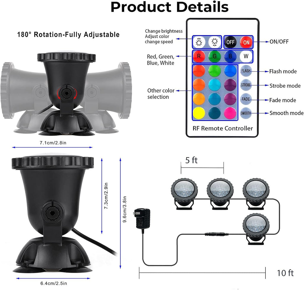 Pond Lights, RGB Outdoor LED Fountain Lights Underwater Landscape Spot Lights IP68 Waterproof Dimmable Memory for Garden Yard Lawn Waterfall (4 Lights)
