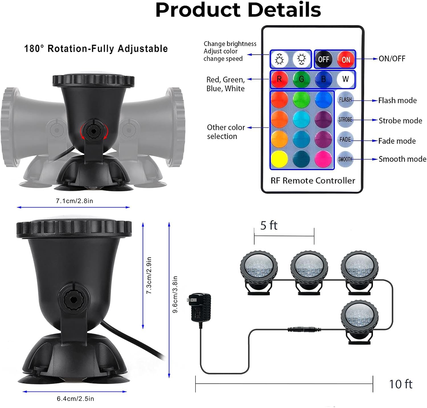 Pond Lights, RGB Outdoor LED Fountain Lights Underwater Landscape Spot Lights IP68 Waterproof Dimmable Memory for Garden Yard Lawn Waterfall (4 Lights)