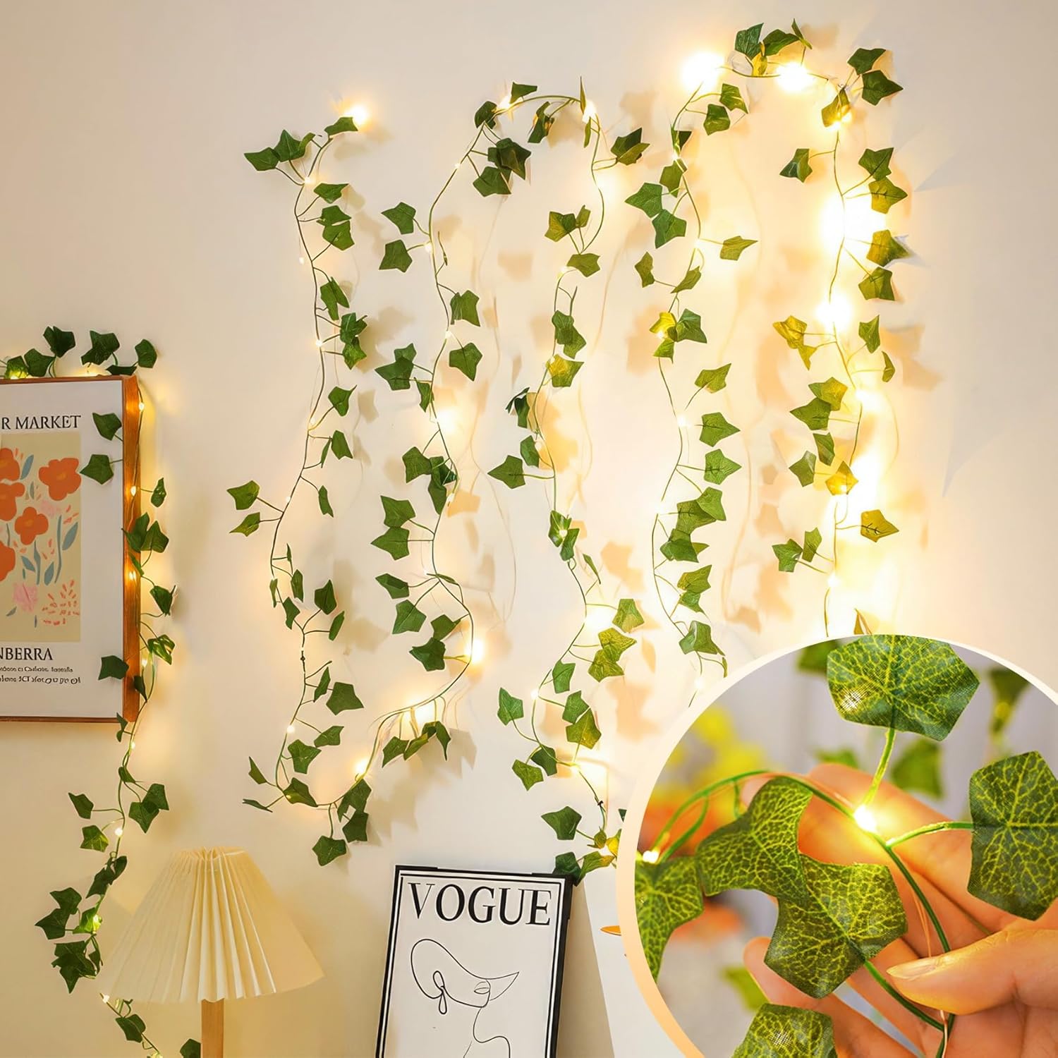 KASZOO 2 Pack 6.56 Ft Vine with Fairy Lights, 80LEDS Battery/USB Operated, Vine String Lights, Ivy Garlands with Fairy Lights for Bedroom Party Wall Room Hanging Decor