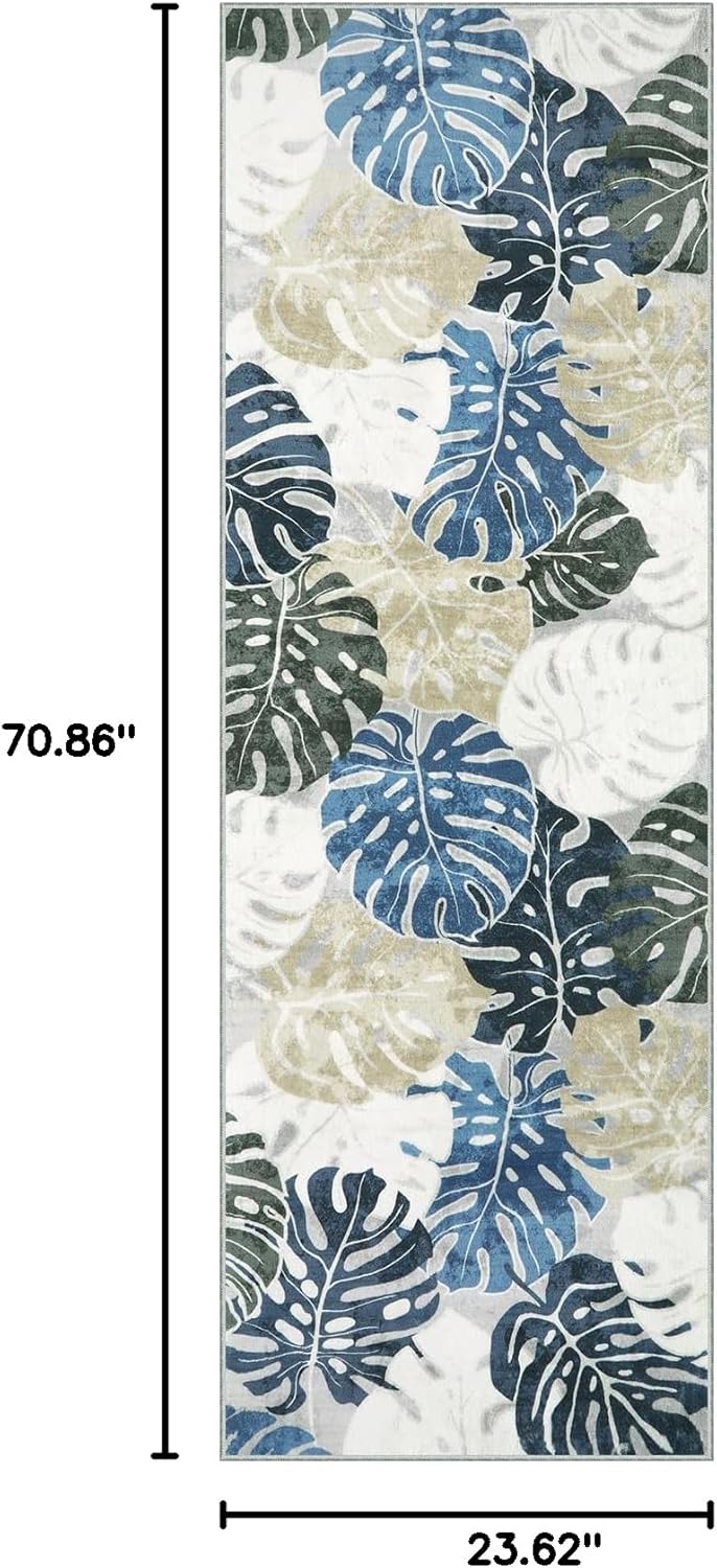 Wonnitar 2x6 Washable Runner Rug, Blue Leaf Kitchen Rug Runner with Rubber Backing, Tropical Coastal Low Pile Entry Carpet Soft Non-Shedding Bedside Mat for Bedroom Entrance Laundry