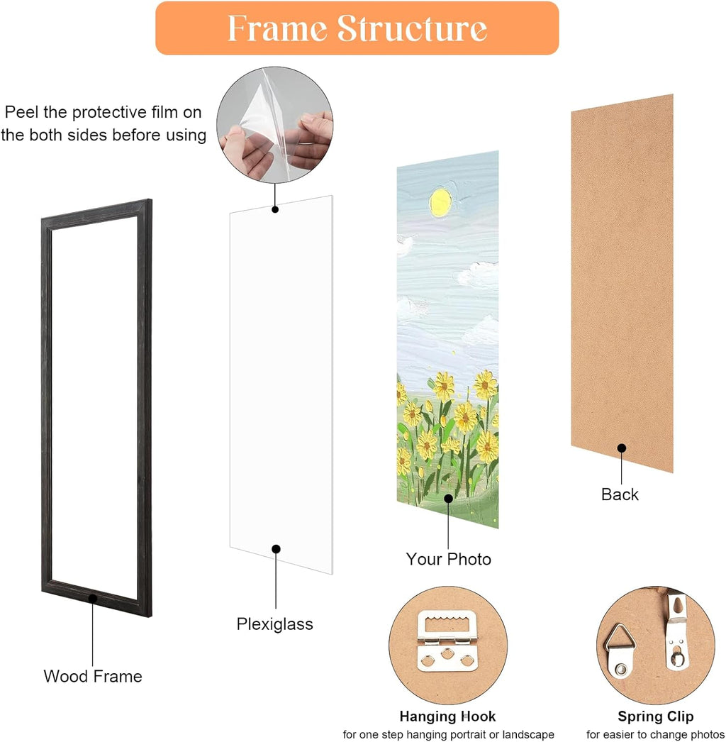 8x24 Wood Frame Black, Rustic Natural Wooden 24x8in Poster Picture Frame, Distressed 8 x 24inch Woodgrain Gallery Photo Frame with HD Plexiglass, Horizontal Vertical Wall Mounting Display 1pcs