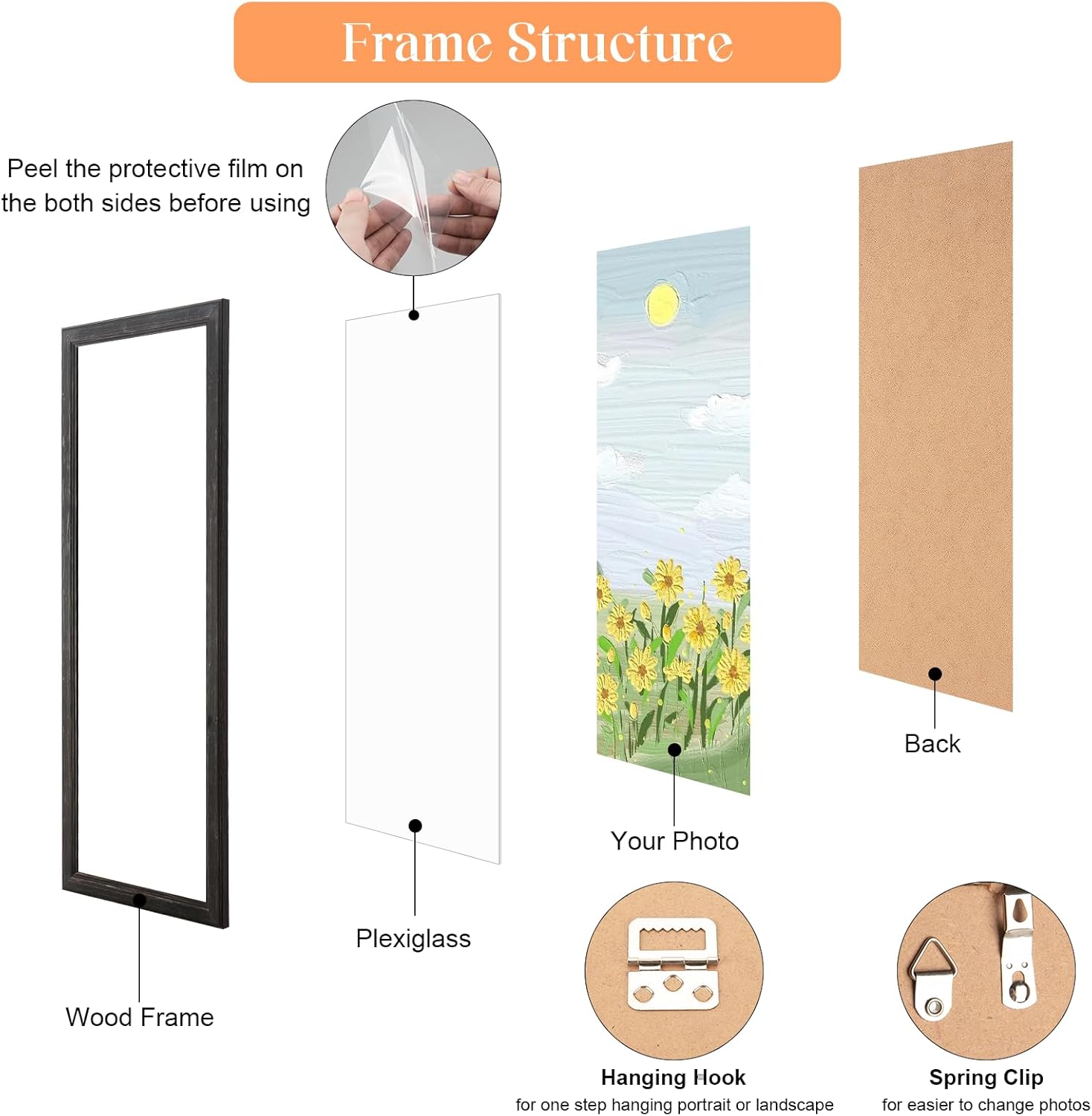 11x22 Wood Frame Black, Rustic Natural Wooden 22x11in Poster Picture Frame, Distressed 11 x 22inch Woodgrain Gallery Photo Frame with HD Plexiglass, Horizontal Vertical Wall Mounting Display 1pcs